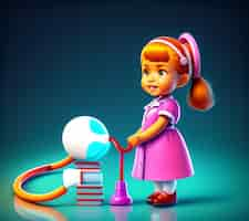 Free photo a cartoon of a girl with a pink dress and a red hat is playing with a toy.