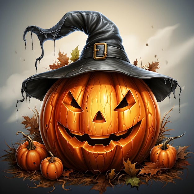 Free photo cartoon halloween realistic pumpkin wearing witch hat isolated