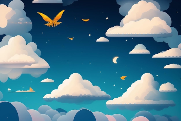 Free photo a cartoon illustration of a bird flying in the sky with clouds and moon.