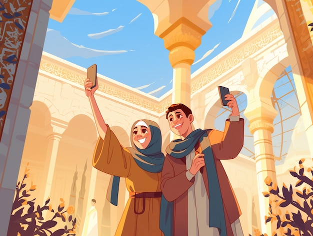 Free photo cartoon illustration of muslim family