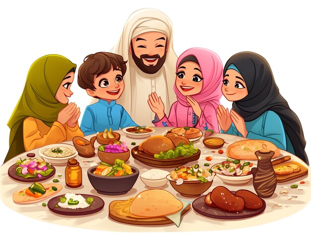 Cartoon illustration of muslim family