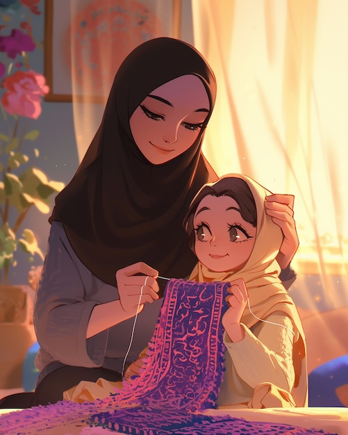 Free photo cartoon illustration of muslim family