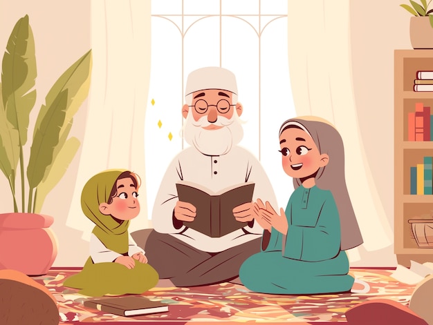 Free photo cartoon illustration of muslim family