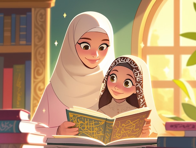 Free photo cartoon illustration of muslim family