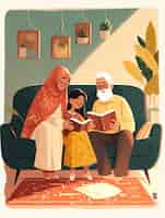 Free photo cartoon illustration of muslim family