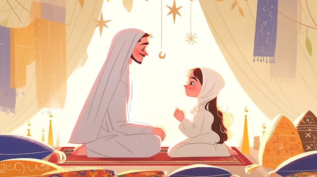 Free photo cartoon illustration of muslim family