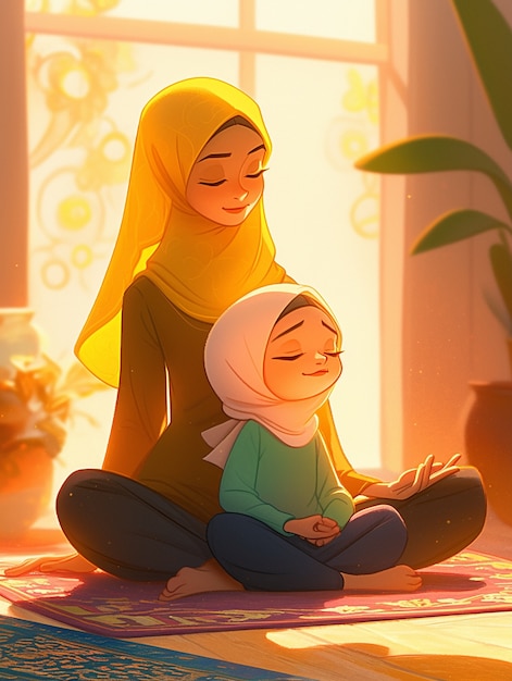 Cartoon illustration of muslim family