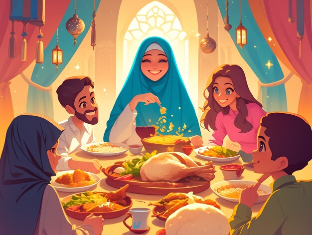 Cartoon illustration of muslim family