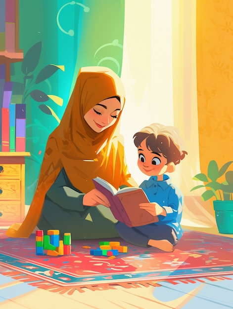 Free photo cartoon illustration of muslim family