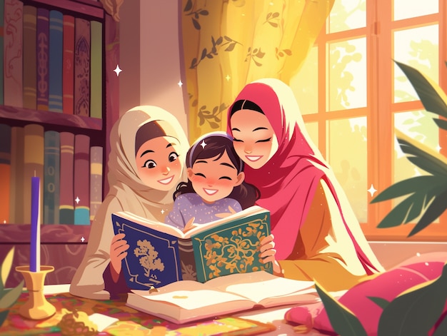 Cartoon illustration of muslim family