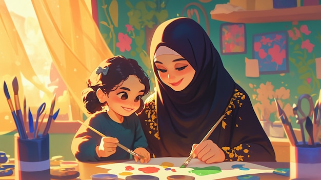 Cartoon illustration of muslim family