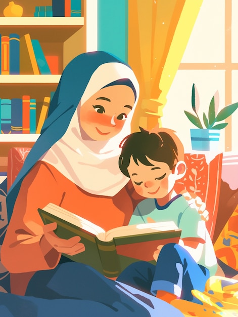 Cartoon illustration of muslim family