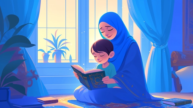 Cartoon illustration of muslim family