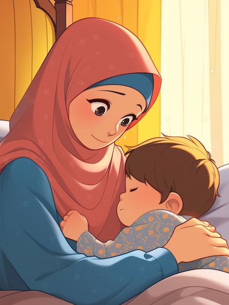 Free photo cartoon illustration of muslim family