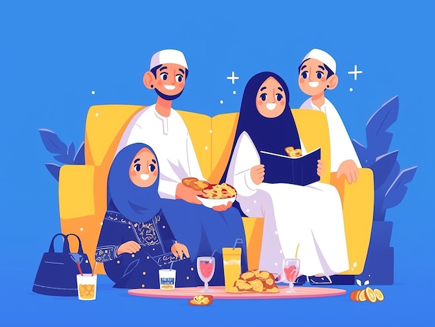 Free photo cartoon illustration of muslim family