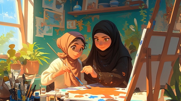 Free photo cartoon illustration of muslim family