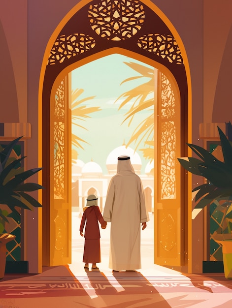 Free photo cartoon illustration of muslim family