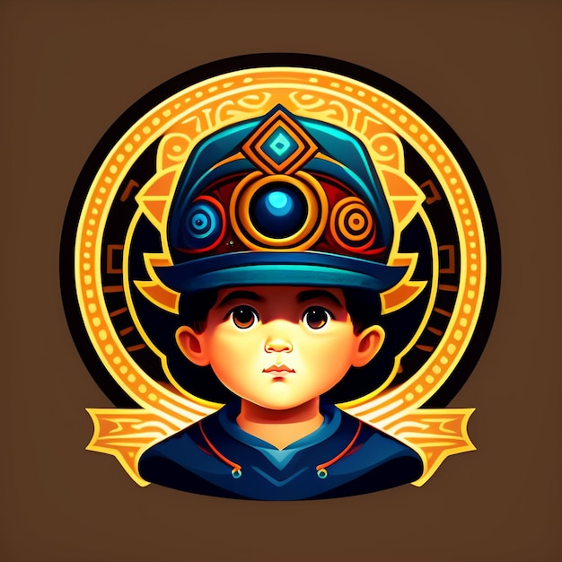 A cartoon image of a little boy wearing a hat and a gold and blue shirt.