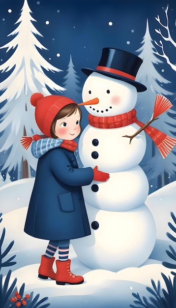 Free Photo cartoon kid building a snowman illustration