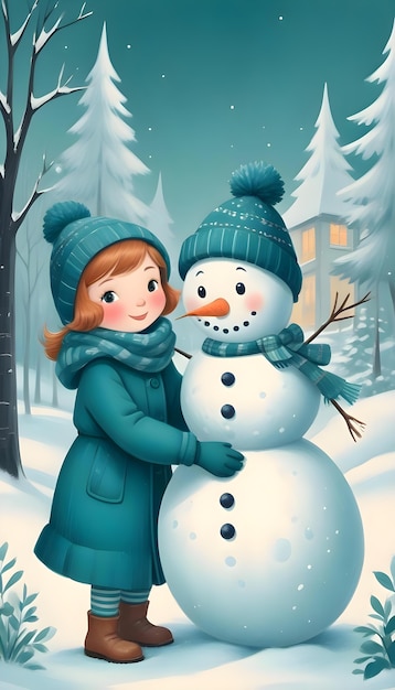 Free photo cartoon kid building a snowman illustration