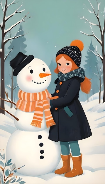 Free Photo cartoon kid building a snowman illustration