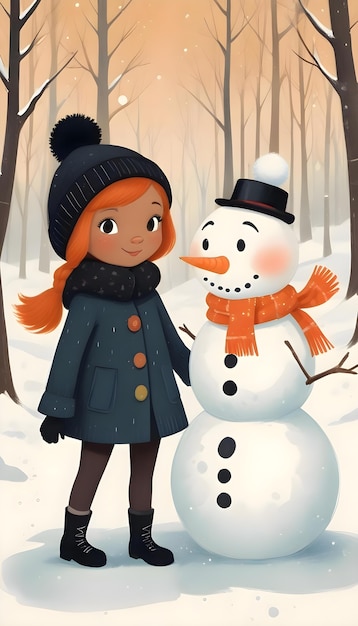 Free photo cartoon kid building a snowman illustration