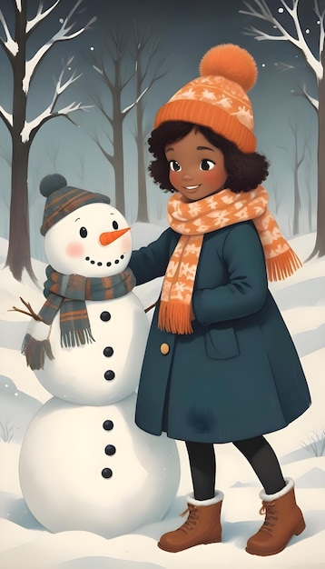 Free photo cartoon kid building a snowman illustration