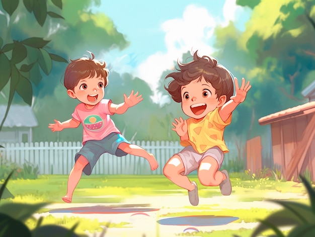 Free photo cartoon kids in the garden