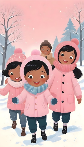 Free photo cartoon kids playing in the snow illustration