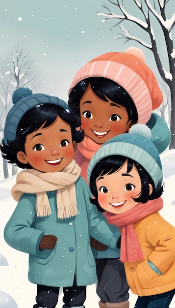 Free photo cartoon kids playing in the snow illustration