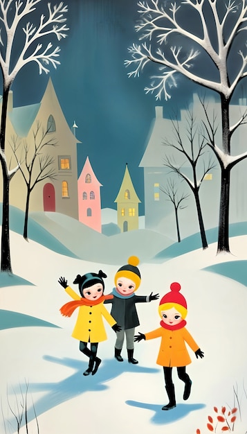 Free photo cartoon kids playing in the snow illustration