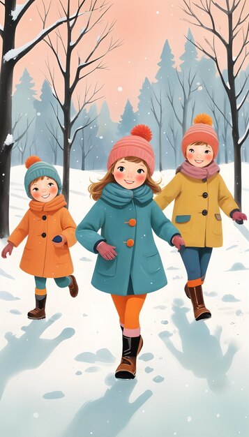 Cartoon kids playing in the snow illustration