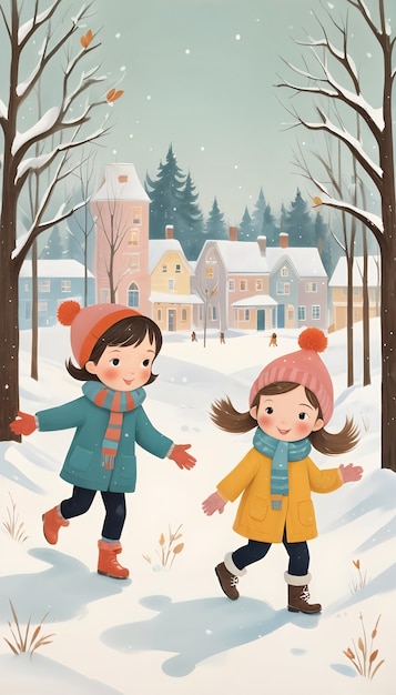 Free photo cartoon kids playing in the snow illustration