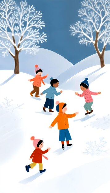 Cartoon kids playing in the snow illustration