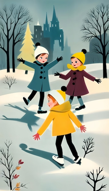 Free Photo cartoon kids playing in the snow illustration