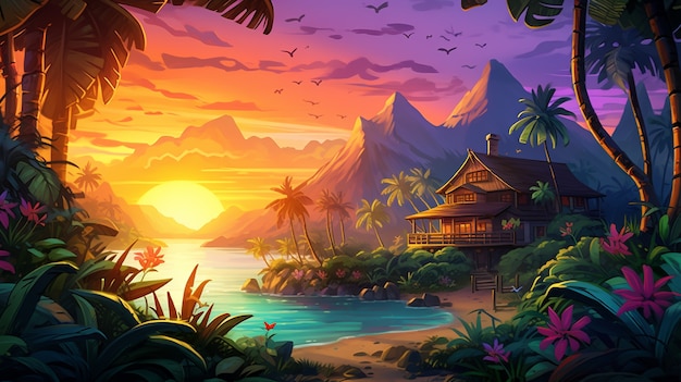 Cartoon landscape of tropical island