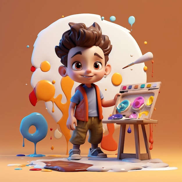 Cartoon like kid painting indoors