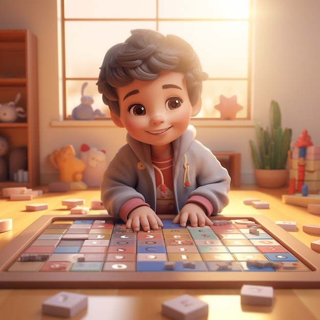 Free photo cartoon like kid playing with board game indoors