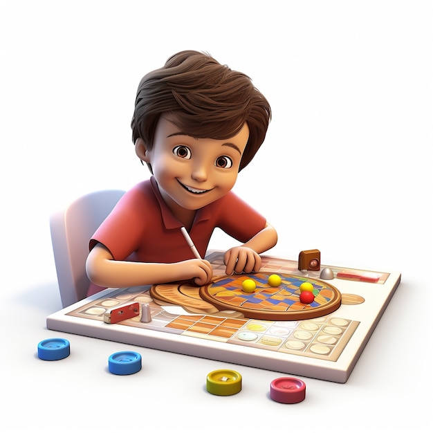 Cartoon like kid playing with board game indoors