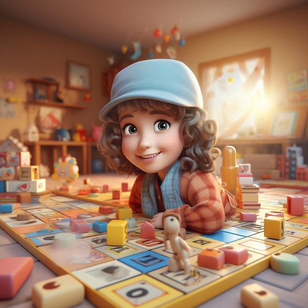 Cartoon like kid playing with board game indoors