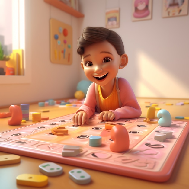 Free Photo cartoon like kid playing with board game indoors