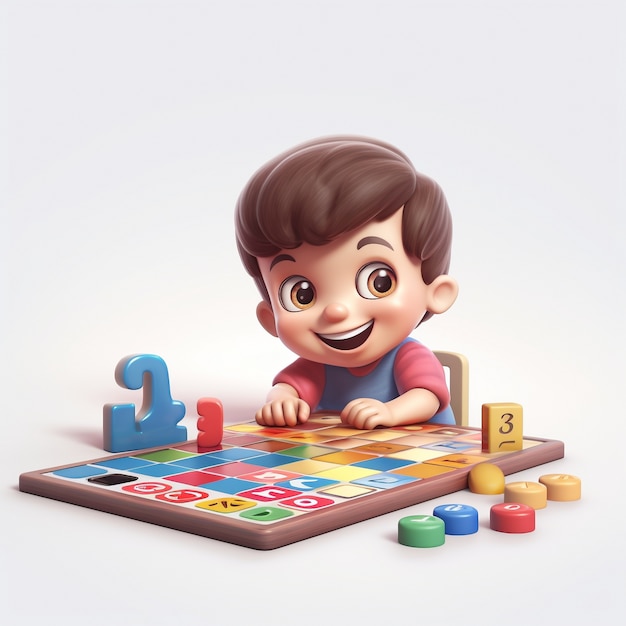 Cartoon like kid playing with board game indoors