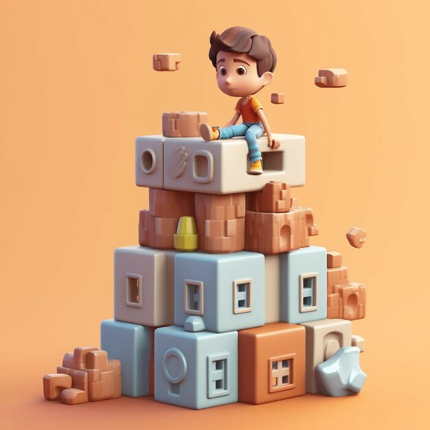 Cartoon like kid playing with cubes indoors