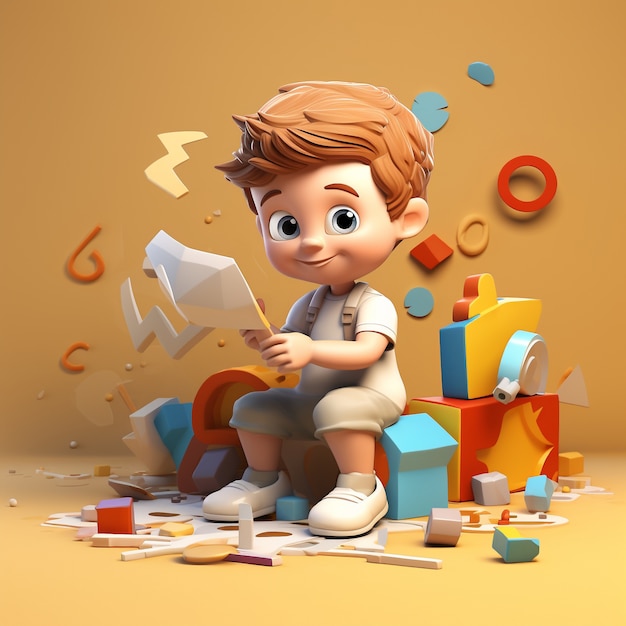 Cartoon like kid playing with cubes indoors