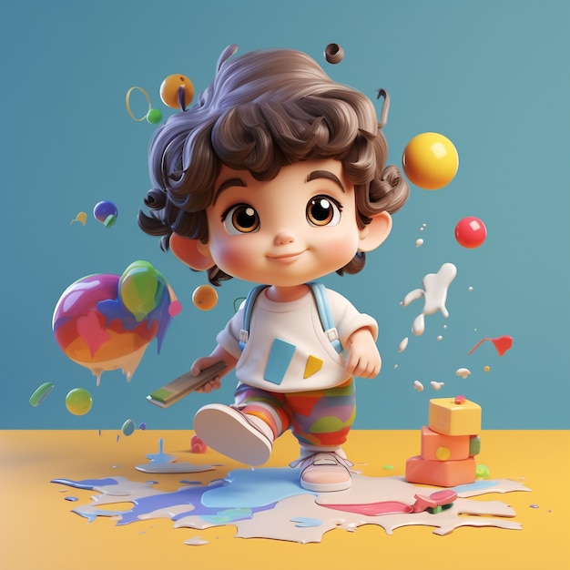 Cartoon like kid playing with cubes indoors