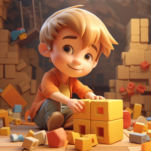 Cartoon like kid playing with cubes indoors