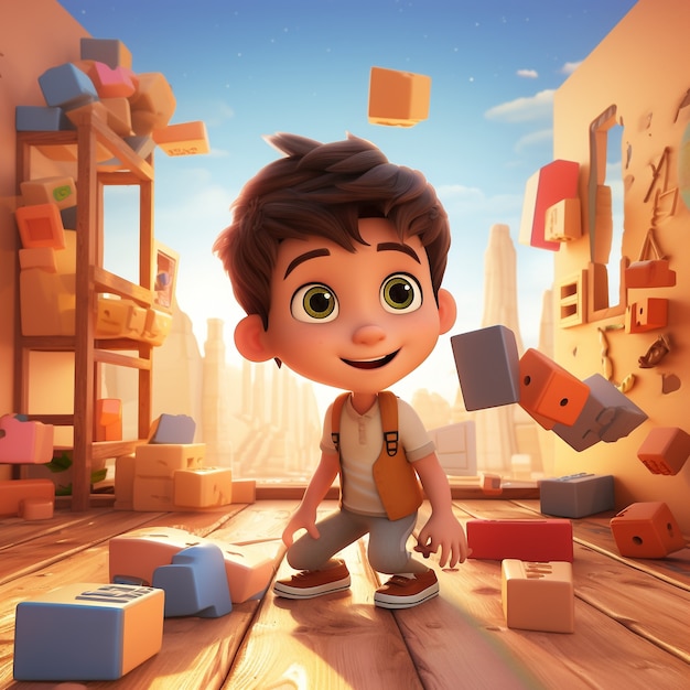 Cartoon like kid playing with cubes indoors