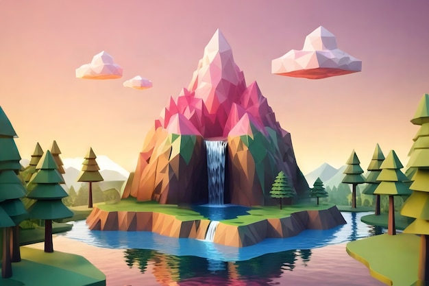 Free Photo cartoon mountain landscape with a river