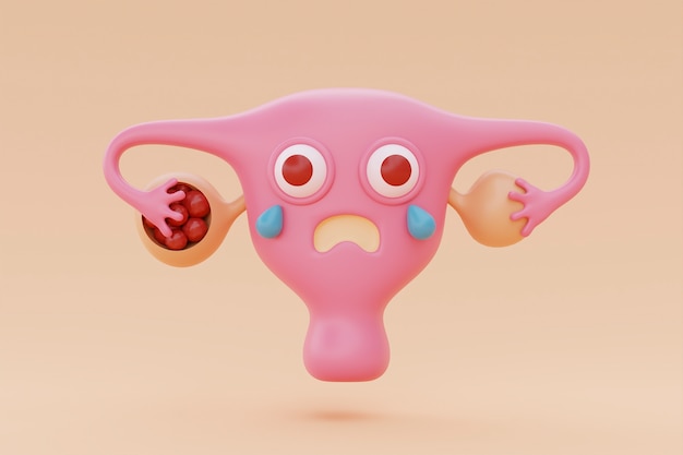 Cartoon ovary crying with peach background