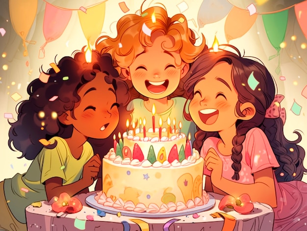 Cartoon people celebrating birthday party